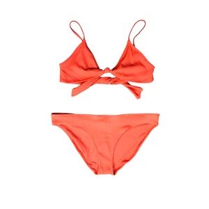 Aerie triangle top 2 piece matching coral ribbed bikini swim, beach, knot detail